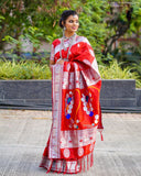 Nath Pallu - Silver Muniya Border Semi Paithani Saree