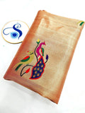 Paithani Blouse Fabric - Superior Quality, Red & Golden Zari- 1 Meter PF1 G
