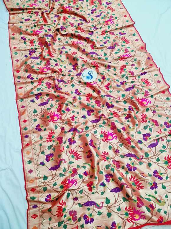 Paithani Blouse Piece- Red Golden Zari fabric- 1 Meter PF1 K
