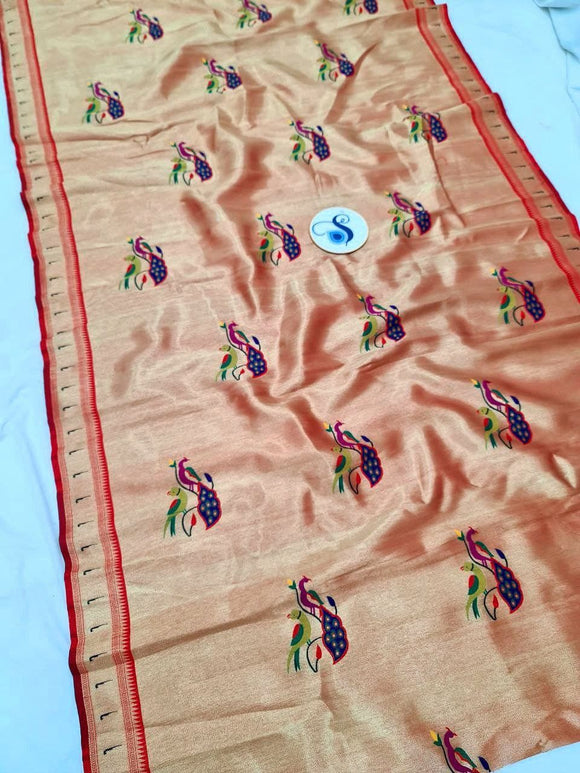 Paithani Blouse Fabric - Red & Golden Zari- 1 Meter PZF1 G