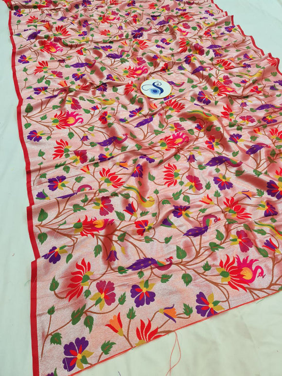 Paithani Blouse Piece- Red Silver Zari fabric- 1 Meter PF1 O