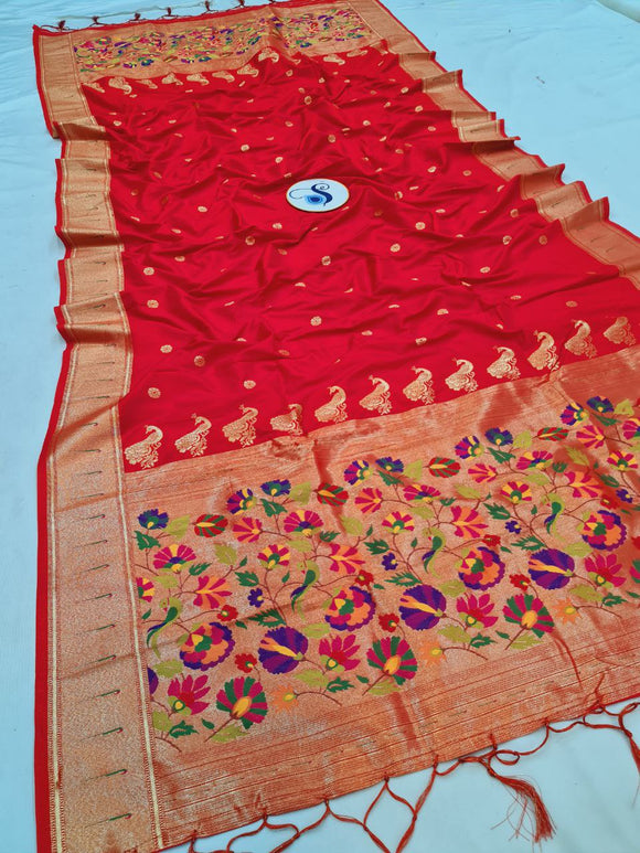 Shankari Paithani Dupatta - Red & Golden Zari Weaving NB24  A