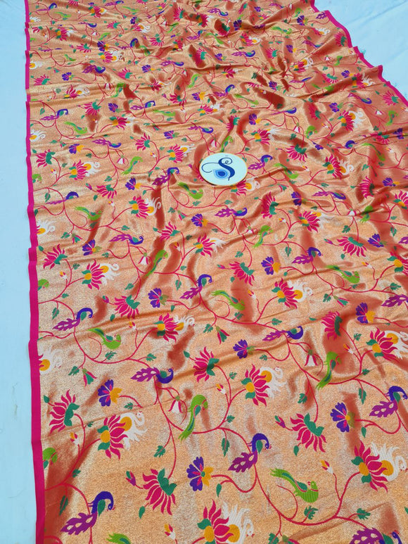 Paithani Blouse Piece- Pink Golden Zari fabric- 1 Meter PF1 U