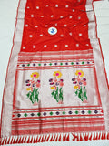 Flower - Silver  Border Semi Paithani Saree- Soft