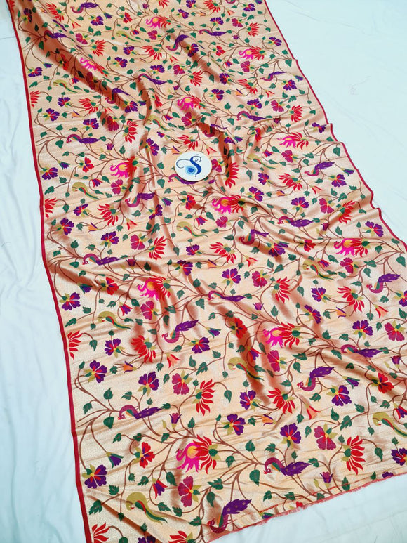 Paithani Blouse Piece- Red Golden Zari fabric- 1 Meter PF1 M