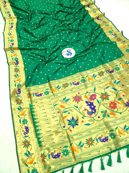 Parrot green color paithani silk saree with zari weaving work | Silk sarees,  Parrot green saree, Saree